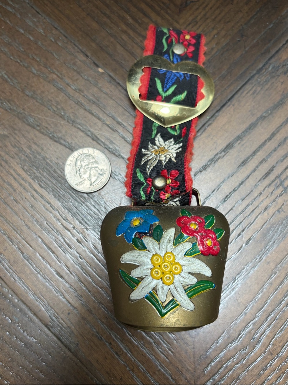 Vintage Swiss Alpine Cow Bell Floral Embroidered Strap Heart Brass Metal Bell